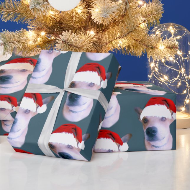 Custom Dog Christmas Photo Dusty Blue Wrapping Paper (Holidays)