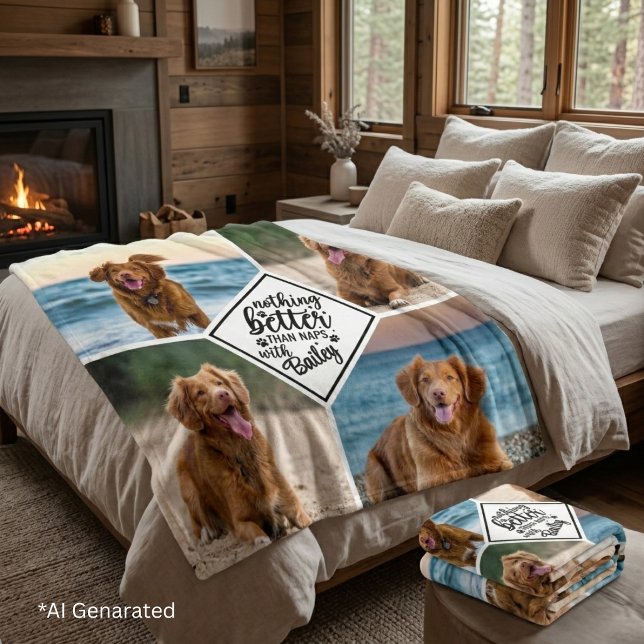 Custom Dog Lover Script 4 Pet Photo Collage & Name Fleece Blanket (Creator Uploaded)