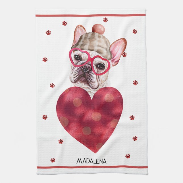 Custom Dog Lover Valentine Gift French Bulldog Tea Towel (Vertical)