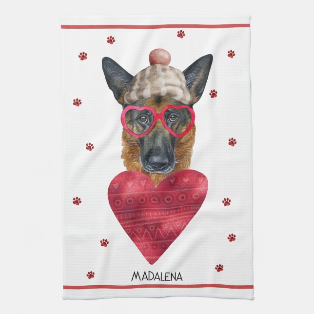 Custom Dog Lover Valentine Gift German Shepherd Tea Towel (Vertical)