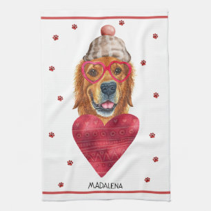 Custom Dog Lover Valentine Gift Golden Retriever Tea Towel