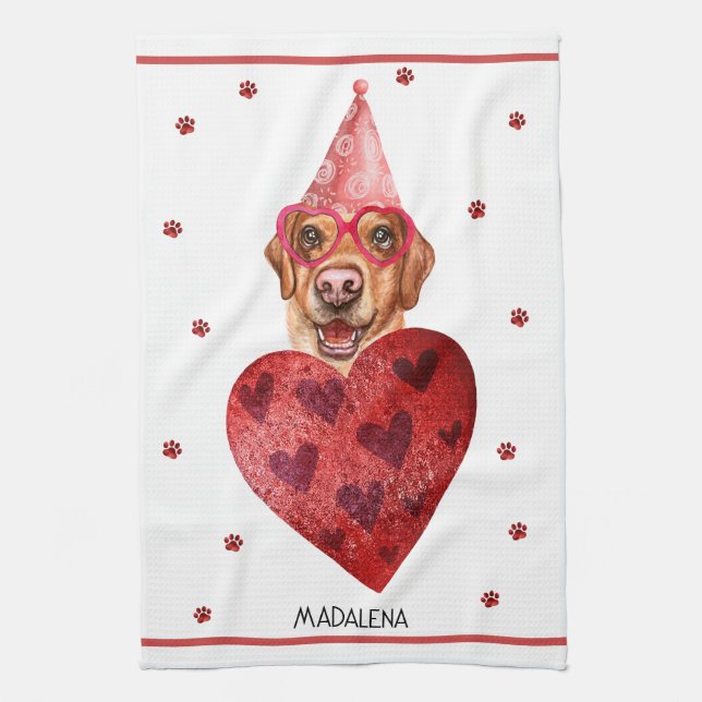 Custom Dog Lover Valentine Gift Yellow Labrador Tea Towel (Vertical)