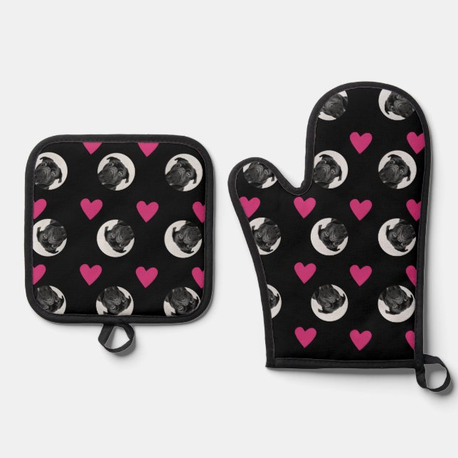 Custom Dog Lover's Heart Pattern Oven Mitt & Pot Holder Set (Front)