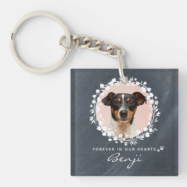 Custom Dog Memorial Pet Loss Keepsake Photo Wreath Key Ring (Front)
