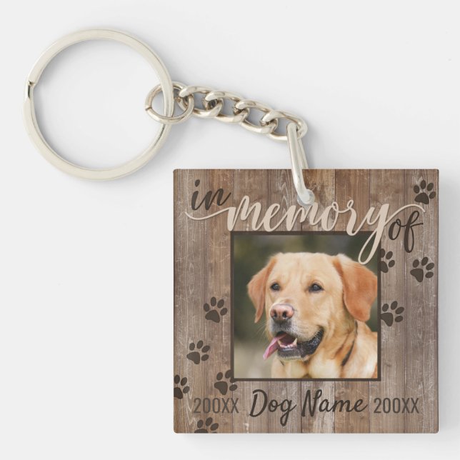 Custom Dog Memorial Rustic Wood Look Sympathy Key Ring (Front)