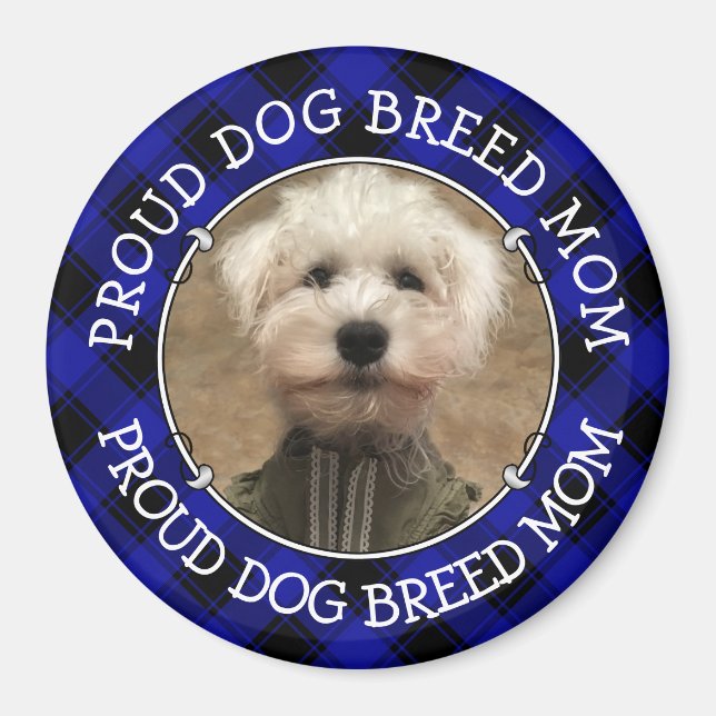 Custom Dog Mum Dad Photo Frame Blue & Black Plaid Magnet (Front)