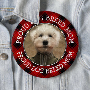 Custom Dog Mum Dad Photo Frame Red & Black Plaid 6 Cm Round Badge