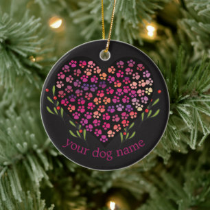 Custom Dog Name, Dogs Paw Heart Leaves Ceramic Ornament