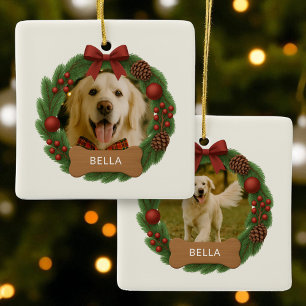 Custom Dog Name Holiday Christmas Photo Wreath Ceramic Ornament