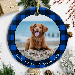 Custom Dog Pet Photo Blue Buffalo Plaid Christmas Ceramic Ornament
