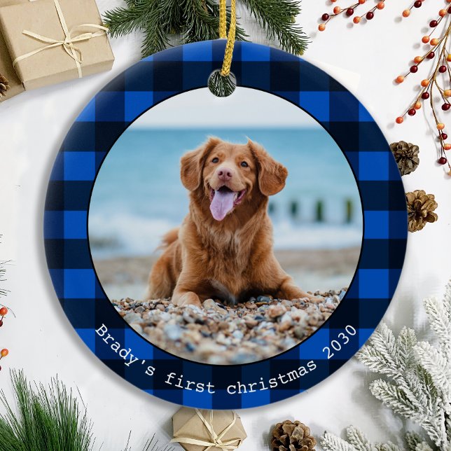Custom Dog Pet Photo Blue Buffalo Plaid Christmas Ceramic Ornament (Creator Uploaded)