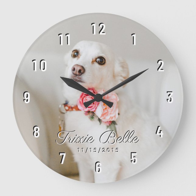 Custom Dog Pet Photo White Numbers Large Clock (Front)