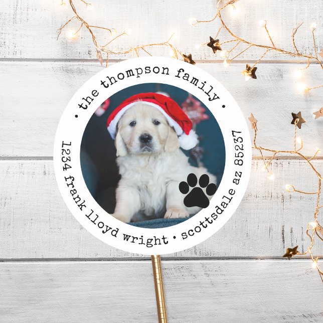 Custom Dog Photo Christmas Card Return Address Classic Round Sticker (Creator Uploaded)