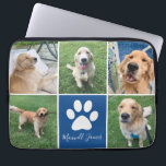 Custom Dog Photo Collage Blue Pet Paw Print Cute Laptop Sleeve<br><div class="desc">This beautiful custom dog photo collage laptop sleeve is personalised with adorable pictures of your sweet pup. Customise this chic gift with your favourite 5 pet photographs around a cute blue square with a pretty white paw print and your dog's name in the centre.</div>