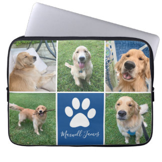 Custom Dog Photo Collage Blue Pet Paw Print Cute Laptop Sleeve