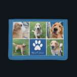 Custom Dog Photo Collage Blue Pet Paw Print Cute Trifold Wallet<br><div class="desc">This beautiful custom dog photo collage wallet  is personalised with adorable pictures of your sweet pup. Customise this personalised gift with your favourite 5 pet photographs around a cute blue square with a pretty white paw print and your dog's name in the centre.</div>