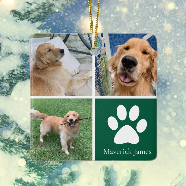 Custom Dog Photo Collage Cute Green Pet Christmas Ceramic Ornament (Creator Uploaded)