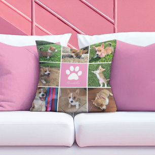 Custom Dog Photo Collage Pink Paw Print Cushion