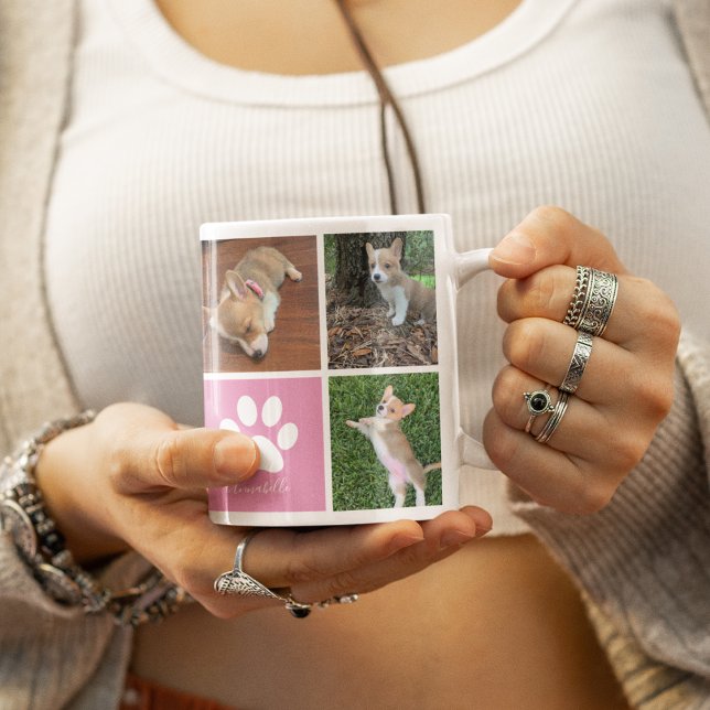 Custom Dog Photo Collage Pink Paw Print Pretty Coffee Mug (Creator Uploaded)