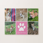 Custom Dog Photo Collage Pretty Pink Pet Paw Print Jigsaw Puzzle<br><div class="desc">This beautiful puppy pet photo puzzle is personalised with adorable pictures of your sweet girl dog. Customise this chic gift with your own custom pup photographs around a pretty pink square with a cute white paw print and your dog's name in the centre.</div>