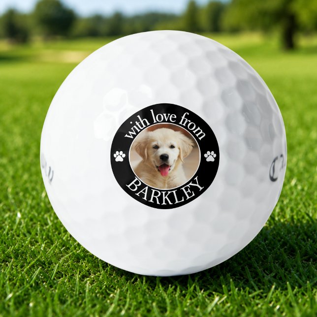 Custom Dog Photo Golf Balls (cute with love from custom pet name golf balls with custom dog photo and paw prints)