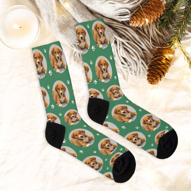 Custom Dog Photo Green Paw Print Socks (Creator Uploaded)