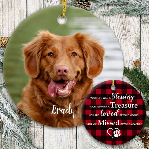 Custom Dog Photo Keepsake Red Plaid Pet Memorial Ceramic Ornament