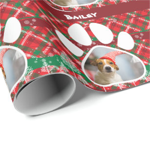 Custom Dog Photo & Name, Dog Paw Green Red Tartan Wrapping Paper