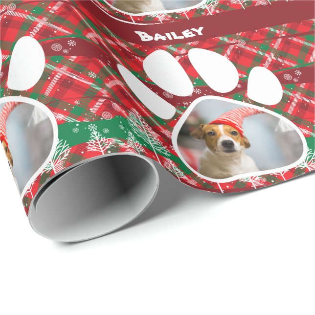 Custom Dog Photo & Name, Dog Paw Green Red Tartan Wrapping Paper (Roll Corner)