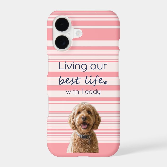 Custom Dog Photo Name Muted Pink Stripes Paw (Back)
