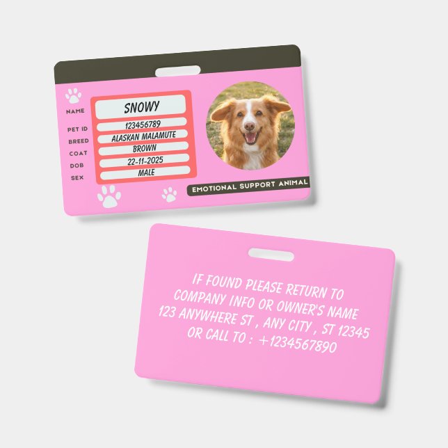 Custom Dog Photo Pet ID Card Badge (Front & Back)
