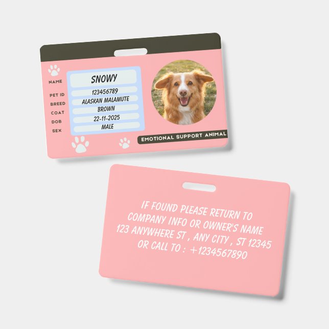 Custom Dog Photo Pet ID Card Badge (Front & Back)