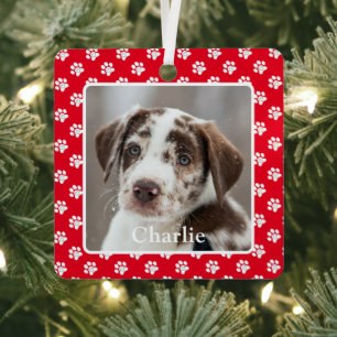 Custom Dog Photo Pet Name Paw Prints Metal Tree Decoration