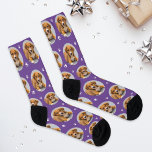 Custom Dog Photo Purple Paw Print Socks<br><div class="desc">Show your love for your puppy dog or cat with these fun and cosy custom-printed socks! Our premium crew socks feature a pattern of your favourite pet photo along with small white paw prints. Create your own by simply adding your picture to the round placeholder image. Makes a great gift...</div>
