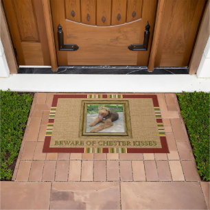 Custom Dog Photo Red Green Ochre Stripes Pattern Doormat