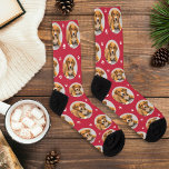 Custom Dog Photo Red Paw Print Socks<br><div class="desc">Show your love for your puppy dog or cat with these fun and cosy custom-printed socks! Our premium crew socks feature a pattern of your favourite pet photo along with small white paw prints. Create your own by simply adding your picture to the round placeholder image. Makes a great gift...</div>