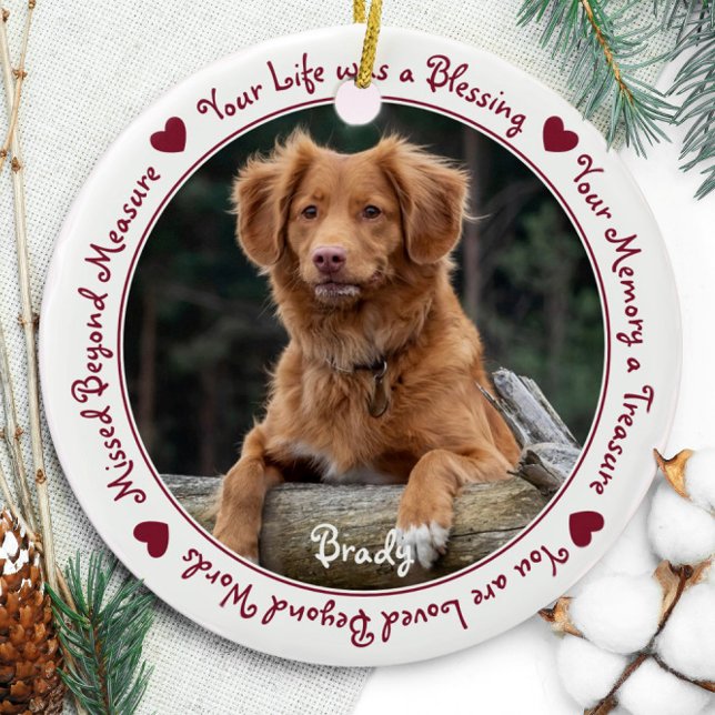 Custom Dog Photo Red Pet Memorial Ceramic Ornament (Creator Uploaded)