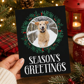 Custom Dog Photo Season's Greetings Wreath Holiday Postcard