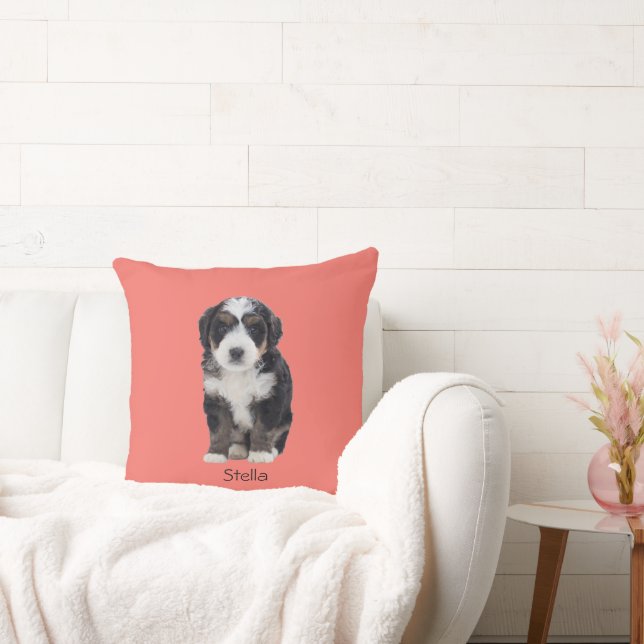 Custom Dog Photo – Sunset Coral with Pet Name -  Cushion (Couch)
