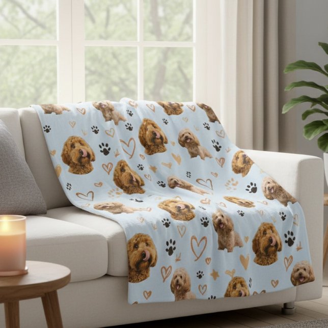 Custom Dog Photo with Hearts Blue Fleece Blanket (Creator Uploaded)