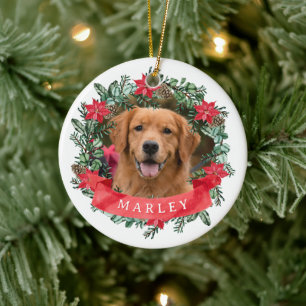 Custom Dog Photo with Name Wreath Ceramic Ornament