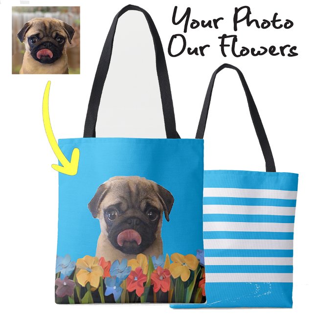 Custom Dog Puppy Photo Colourful Spring Flowers Tote Bag (Creator Uploaded)