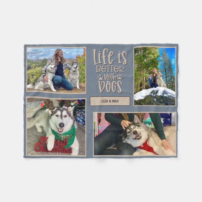 Custom Dogs Photos & Names - Four Photo Collage Fleece Blanket (Front (Horizontal))