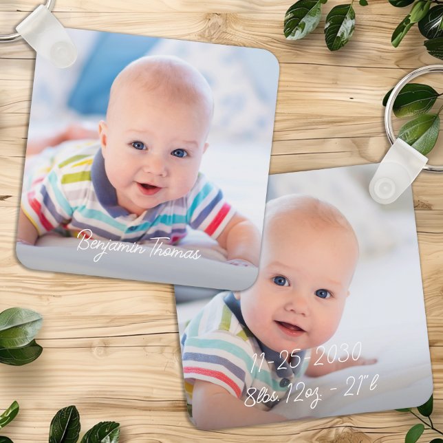 Custom Double Sided Baby 2 Photo Name Birth Stats Key Ring (Creator Uploaded)