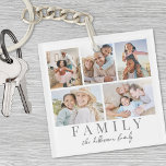 Custom Double Sided Family Photo Key Ring<br><div class="desc">This simple and elegant boho-inspired keychain is a perfect way to celebrate family. The design features a space for five photos, with "Family" displayed underneath in a classic serif font. In soft script, there's room to add the family name, the first names of family members, or even a special message...</div>