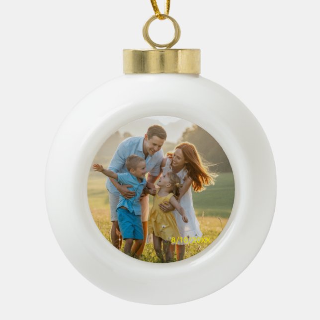 Custom Double Sided Family Two Photo Christmas Cer Ceramic Ball Christmas Ornament (Front)