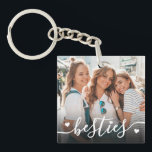 Custom Double Sided Friend Two Photo Key Ring<br><div class="desc">Create a custom keepsake with this personalized family or kids photo keychain, now featuring a sweet new design on the front. The layout includes space for one favorite photo with the word "besties" written across the bottom in a flowing script font, accented by a few small heart details. A subtle...</div>