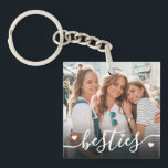 Custom Double Sided Friend Two Photo Key Ring<br><div class="desc">Create a custom keepsake with this personalized family or kids photo keychain, now featuring a sweet new design on the front. The layout includes space for one favorite photo with the word "besties" written across the bottom in a flowing script font, accented by a few small heart details. A subtle...</div>