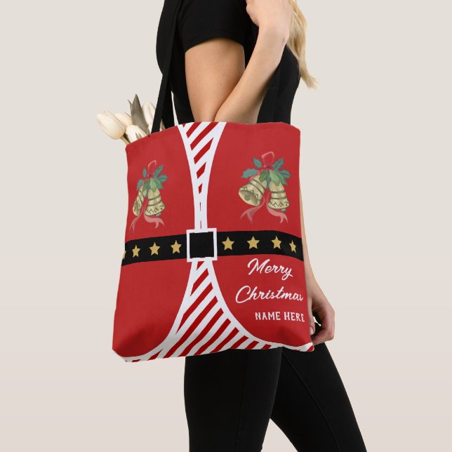Custom Double Sided Red White Stripes Candy Cane  Tote Bag (Close Up)