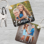 Custom Double Sided Two Photo Key Ring<br><div class="desc">Create a custom keepsake with this personalised family or kids photo keychain, now featuring a sweet new design on the front. The layout includes space for one favourite photo with the word "family" written across the bottom in a flowing script font, accented by a few small heart details. A subtle...</div>